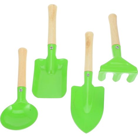 Un ensemble d'outils en quatre pièces convenant aussi bien aux garçons qu'aux filles : une pelle, un râteau et une bêche, de couleur sable doux — parfait pour des heures de plaisir lors d'activités en (1/5)