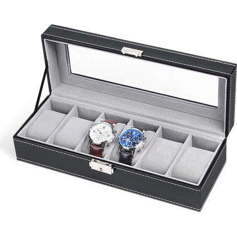 Boîte De Rangement Pour Montres - 6 Fentes - Cuir Artificiel Et Velours - Couvercle En Verre - Pour Maison Et Cadeau - 1 Pièce (1/5)
