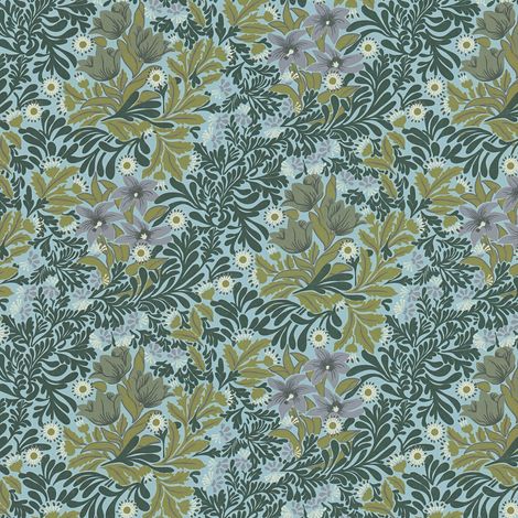 Blumen Tapete Profhome 390572 Vliestapete glatt mit floralen Ornamenten matt grün pastell-türkis weiß oliv-grün 5,33 m2