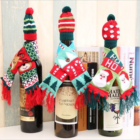Weihnachtliche Weinflaschendekoration, Weinflaschenhülle mit Weihnachtsmannmotiv, Schneemann, Frohe Weihnachten, 3-teiliger Schal-Weinflaschenüberzug