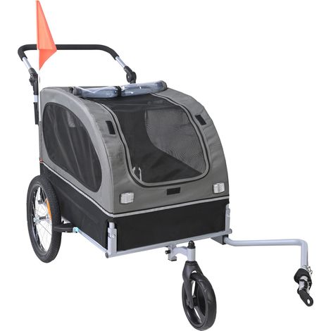 Remorque vélo pour chien, supporte jusqu'à 40 kg, poussette/chariot porte-vélos 2 en 1, cadre pliable facile avec roues à démontage rapide, attelage universel pour vélo, réflecteurs, drapeau, noir/gri (1/5)