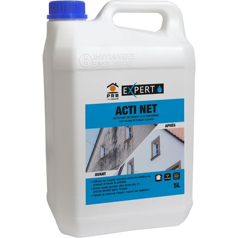 Nettoyant Détergent Action Rapide PRB 5L - Nettoie verdissures, graisses et traces de pollution - Sans chlore, ni acide, ni solvants - Façades, Murs et Toitures Extérieurs (1/2)