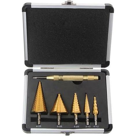 6-teiliges Stufenbohrer-Set für Metall, Metallfräser, 5 HSS-Kegelbohrer + 1 automatischer Körner, für Metall/Holz/Kunststoff - (1/5)