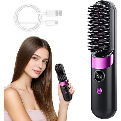 Brosse Lissante pour Cheveux, Portable Peigne Chauffant Ionique, Brosse Lissante Sans Fil Électrique avec 4 Températures (1/5)