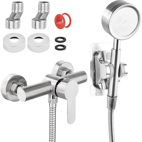 Wall Mounted Shower Tap, Universal 304 Stainless Steel Shower Faucet, Single Lever Shower Mixer Tap with Shower Head and Shower Hose (150 cm) and Bracket (1/5)