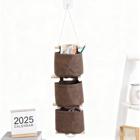 Organisateur mural pliable avec crochet en bois, sac de rangement en coton à 3 compartiments, 54 x 20 cm, pour bijoux et télécommandes, marron (1/5)