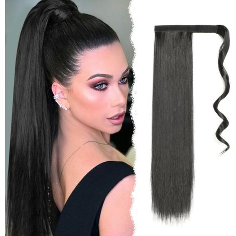 extension de queue de cheveux lisses 55 cm, postiches uniques, cheveux humains, extensions longs clip noir (1/5)