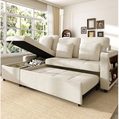 Sofá cama de 3 plazas 201,3x126,1 cm de chenilla beige claro con almacenaje - CHICFURN (1/5)