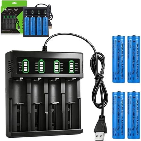 Wiederaufladbarer 3,7v Akku Mit Ladegerät, 4 Stück 2200 Mah Akkus Flat TopWiederaufladbarer Mit Universell USB Batterieladegerät, 2200mahWiederaufladbarer Nimh Für Mikrofone Rc Taschenlampen (1/5)