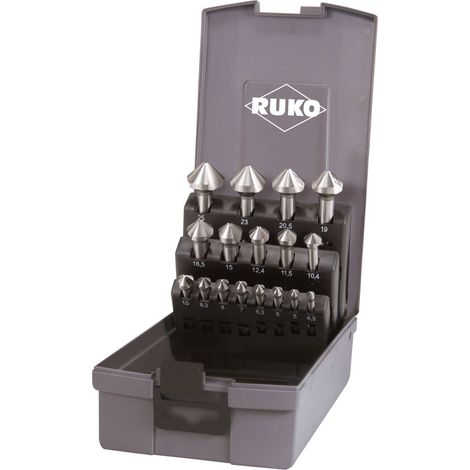 RUKO Juego de avellanadores cónicos y desbarbadores DIN 335 Forma C 90° HSS en caja de plástico - 17 piezas - 102155RO (1/2)
