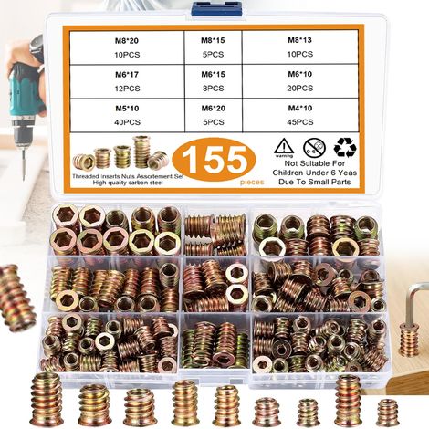 155 Pièces Écrous à Visser Douille, Zinc Douille Filetée, Écrous d'Insert En Alliage De Zinc, Écrous à Visser Douille M4 M5 M6 M8, D'Écrous Filetés D'Insertion Pour Des Meubles En Bois (1/5)