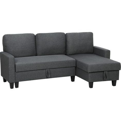 Divano Letto 3 Posti con Chaise e Spazio Contenitore, in Tessuto Effetto Lino, 197x129x85 cm, Grigio Carbone