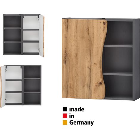 Badezimmer Hängeschrank mit Regal KAHLA-03 in graphit mit Front in Wotan Eiche Nb., B/H/T: ca. 60/64/20 cm (1/5)
