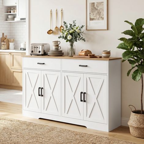 Buffet Meuble de Rangement, 140 cm Armoire Campagne Cuisine avec 2 Tiroirs et 2 Caissons, Blanc (1/5)