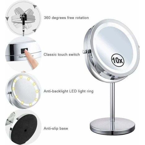 360° Rotating Lighted Magnifying Mirror, Makeup Mirror, 10x Magnifying Mirror, Lighted Makeup Mirror, Double-Sided Swivel Cosmetic Mirror with Stand, Hairdressing Mirror (1/4)