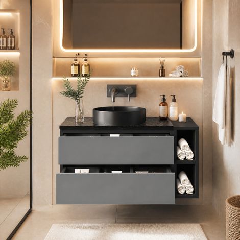 Meuble vasque suspendu 80 cm en MDF gris, avec rangement pour salle de bain FLORAGRACE (1/5)