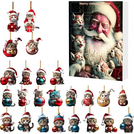 Calendrier de Noël surprise de 24 jours, chaton de dessin animé, décoration acrylique à suspendre au sapin (Type A) (1/2)