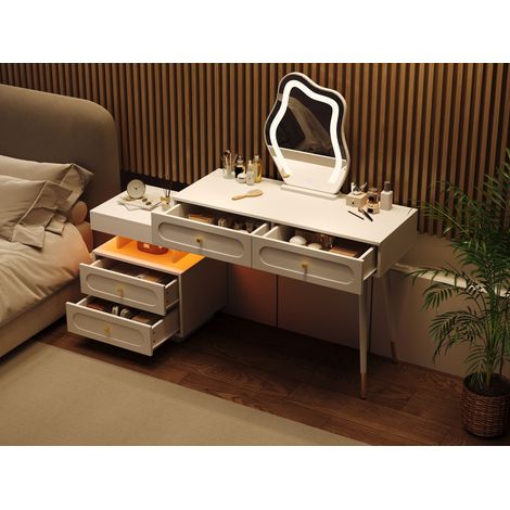 Coiffeuse blanche avec miroir LED lumineux et éclairage - Ensemble bureau de maquillage pour chambre avec 4 tiroirs spacieux et 1 étagère ouverte - Blanc, dimensions L140/P40/H130 cm (sans tabouret) (1/5)