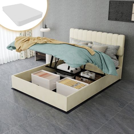 Lit rembourré moderne beige 140x200 cm avec tête de lit haute douce et matelas inclus (1/5)