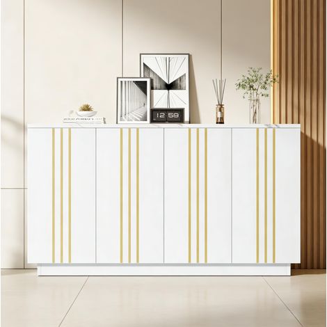 MEUBLIV Credenza contenitore 140 x 35 x 70 cm bianca e oro – 4 ante, ripiani regolabili (1/5)