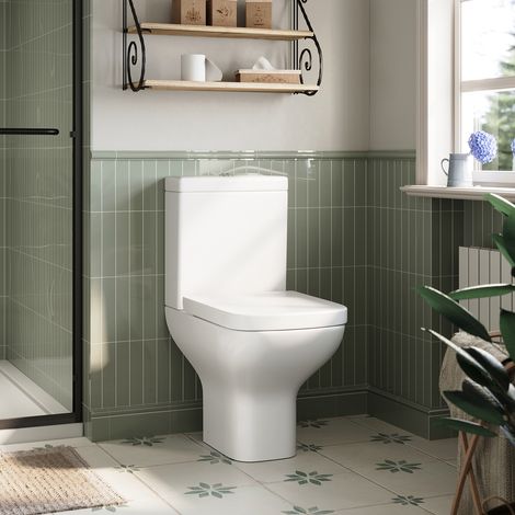 ELEGANT Square Close Coupled Ceramic Toilet with Soft Close Seat White Ceramic WC Bathroom