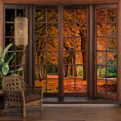 Papier peint panoramique Trompe l'oeil Fenêtre en bois - Automne - 195 cm x 156 cm (1/5)