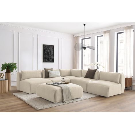 BOBOCHIC - Canapé d'angle fixe modulable JEANNE tissu velours avec 4 chauffeuses, 1 angle et 1 pouf Réversible Beige (1/5)
