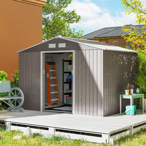 Abri Jardin Portes Coulissantes Toit Pente Fenêtres Effet Aménagement Extérieur Bois 4,9 m² 277x195x192cm (1/4)