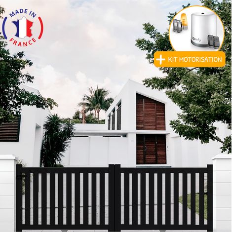 Portail aluminium coulissant ajouré en kit+ Motorisation dimensions L.4000 (entre piliers) X H.1200 mm Couleurs Noir (RAL 9005)