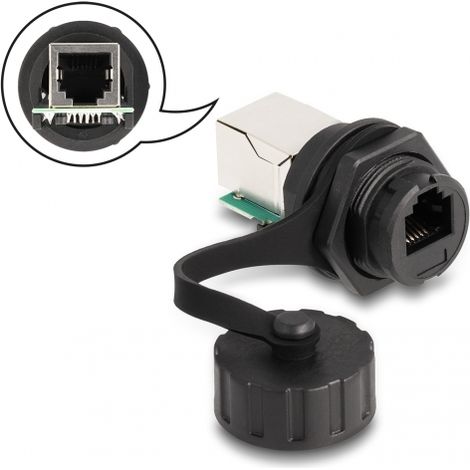 Delock Conector de cable RJ12 hembra a RJ12 hembra para instalaciÃ³n con tapa protectora IP68 resistente al polvo y al agua negro
