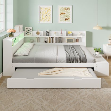 Lit gigogne 120x200 cm en bois blanc avec rangement LED, pour petits espaces, sans matelas – MEUBLIV (1/5)