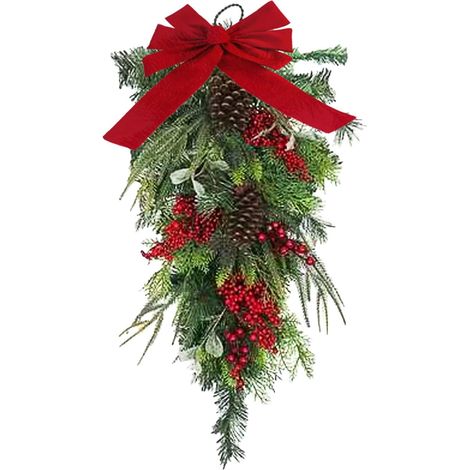 Guirlande De Noël En Forme De Larme - Décor Artificiel Pour Porte Extérieure Intérieure - Baies Rouges Et Pommes De Pin - 45 Cm (1/5)