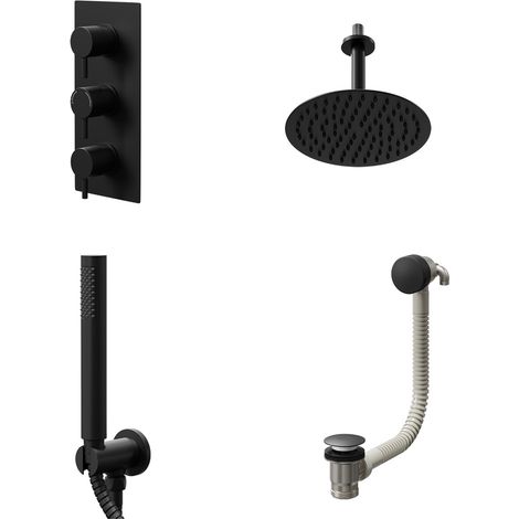 Colore Round Matt Black Concealed Triple Thermostatic Shower Valve with Diverter and 200mm Fixed Head with 150mm Ceiling Arm and Outlet Holder with Kit and Free-Flow Bath Filler - 3 Outlet (1/5)