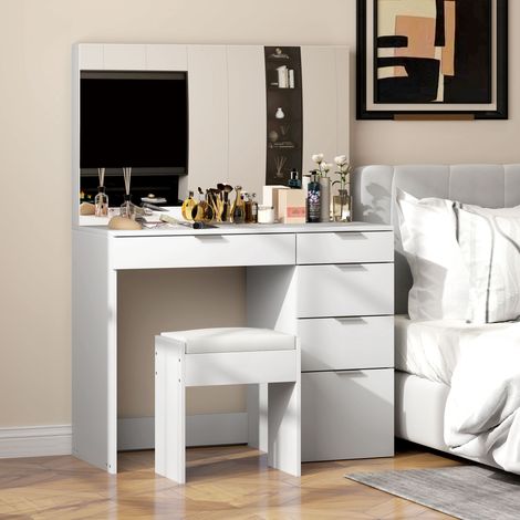 Tocador con espejo grande y 5 cajones, mesa de maquillaje con taburete acolchado, para dormitorio, blanco.