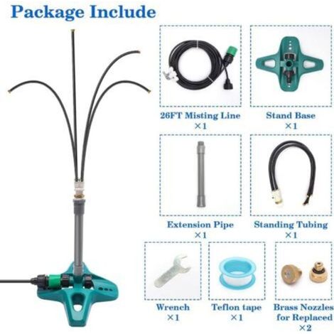 Brumisateur Terrasse, Brumisateur Jardin, 8 m Tuyau d'eau (3/4"), avec 1 Tige d'Extension + 4 Buse Brumisateur + 2 Buses de Rechange+1 wrench+1 teflon tape, pour Jardin Patio Jeux d'Eau Fête (1/5)