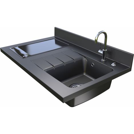 PlaniQuartz einteilige Arbeitsplatte mit rechtem Waschbecken Ò 100 cm NERO (1/2)