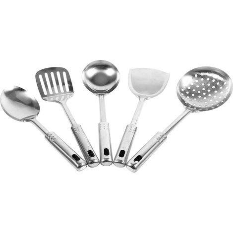 Set aus 5 multifunktionalen Küchenutensilien aus Edelstahl: Löffel, Pfannenwender und Schaufel, langlebige Kochwerkzeuge. (1/5)