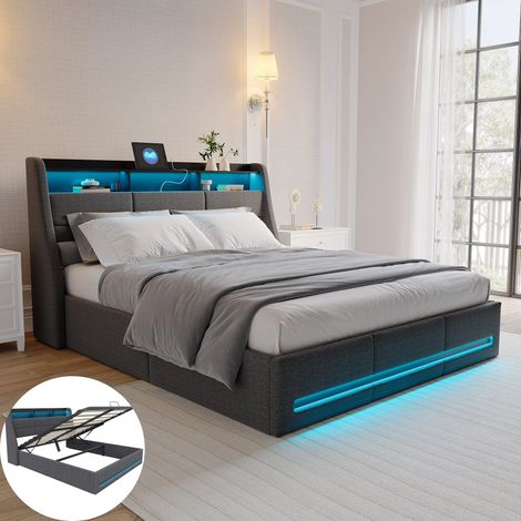 Lit coffre 140 x 190 cm avec sommier, lit 2 personnes avec LED et USB, Lit Hydraulique 140x190, Tête de lit avec Rangement, lin gris (1/5)