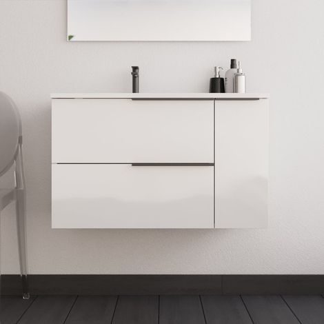 Meuble sous vasque seul, 2 tiroirs et 1 porte, 80cm, pour vasque déportée à gauche, blanc laqué - KING