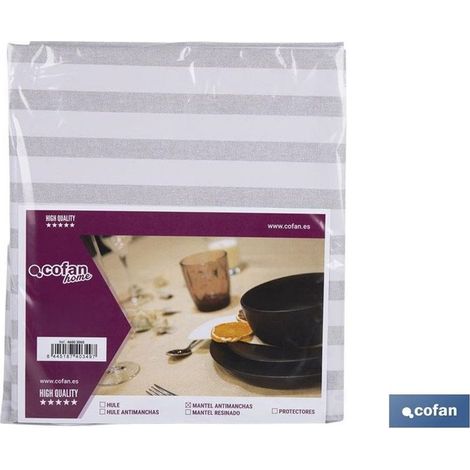 Nappe imperméable antitache à motif rayé 140x140cm en vinyle et polyester beige et blanc