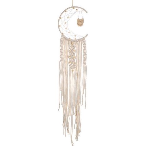 Dreamcatcher - Coton - Cercle En Fer - Motif Lune Étoiles Blanc - Décoration Intérieure Boho - Pour Chambre Salon Bureau - 1 Pièce