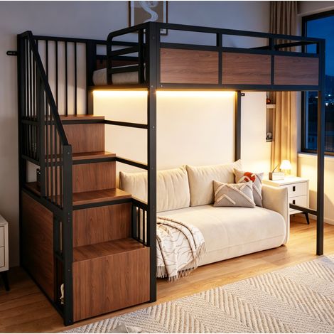 Letto a soppalco 90/200 cm nero con scala contenitore reversibile e LED, struttura in metallo e legno (1/5)