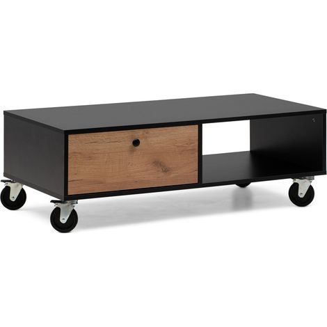 Mesa de Centro 110x55x38 negro y roble, con cajón, balda abierta y ruedas industriales (1/5)