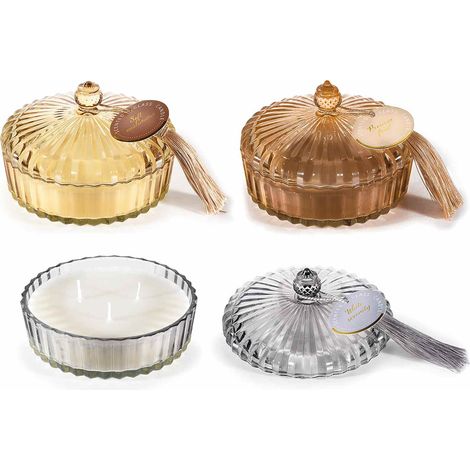 Candele profumate a tripla fiamma in barattolo di vetro lavorato con coperchio e decoro con nappina, set da 3 pezzi, Ø 13 cm x 8,5 H