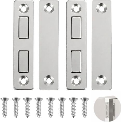 Lot de 2 Aimant Porte Placard Puissant Ultra Mince, Loqueteau Magnétique Renforcé pour Fermeture Porte de Meuble, Tiroir, Armoire, Argent avec Adhésif et Vis (1/5)