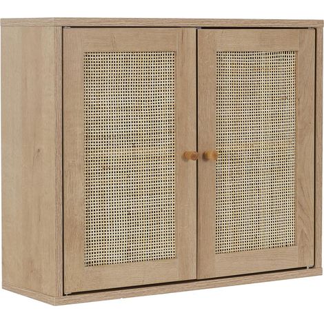Altobuy – Armoire murale 2 portes effet bois – Façades en rotin – Dimensions 60 x 20 x H50cm – Style naturel pour intérieur paisible (1/4)