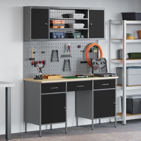 Work Cabinet 7 pcs Black and Grey Engineered Wood and Steel vidaXL (1/5)