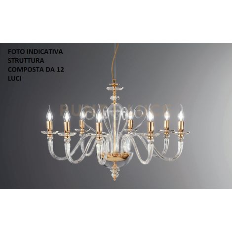 LAMPADARIO DEBUSSY 12 LUCI TRASPARENTE E ORO ATTACCO E14 D.84CM