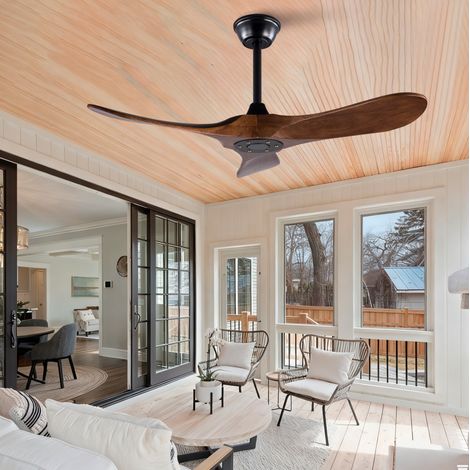 Ventilateur de plafond en bois foncé et métal, 6 vitesses, moteur DC silencieux réversible, télécommande, minuterie, fonction mémoire et sans éclairage – CHICFURN (1/5)