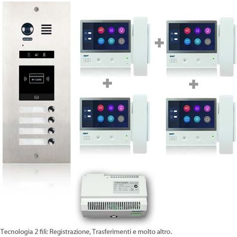Kit Videocitofono 4 Appartamenti 2 Fili  Monitor Colori (1/3)